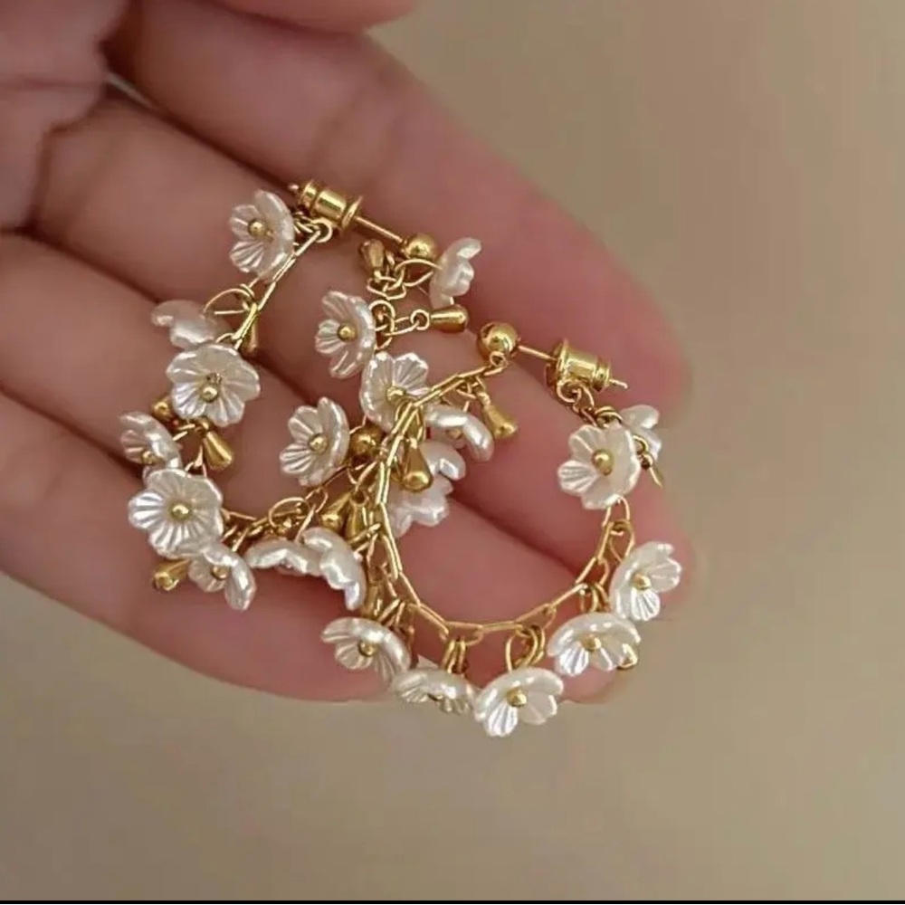 Gold and White Floral Hoop Earrings